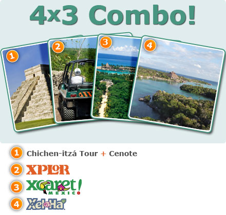 4x3 Combo Tour: Xplor + Xcaret Basic + Xelha All Inclusive + Chichen Itza-Chichen-Itza tour + Cenote<br>Only Xel-Ha all inclusive<br>Xcaret basic tour from Cancun<br>Xplor tour<br>