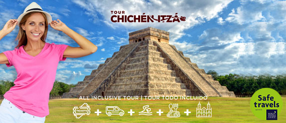 blond woman very happy to be in Chichen Itza